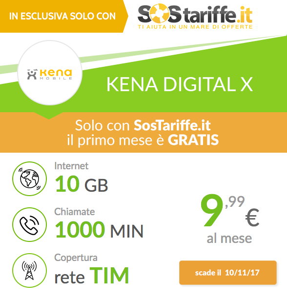 KENA Digital X in offerta: 9,99€ per 1000 minuti e 10 GB al mese