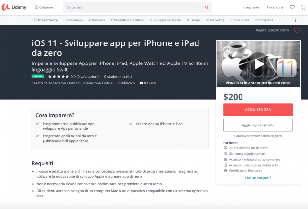 Nuovo corso completo su iOS e Swift 4 per sviluppare app da zero in offerta lancio a 10€