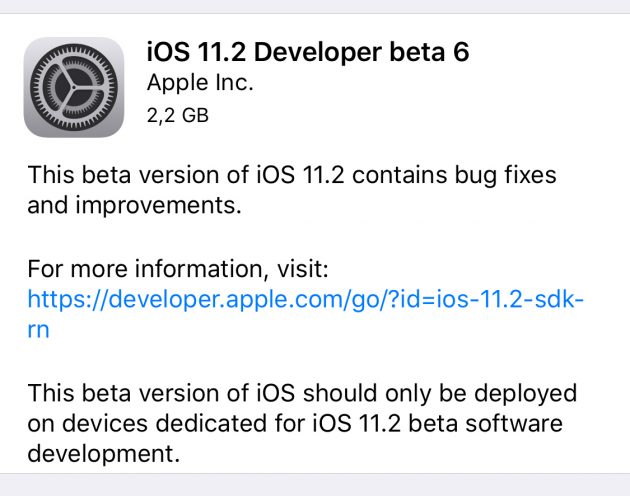 Apple rilascia iOS 11.2 beta 6 per gli sviluppatori