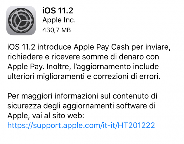 Apple rilascia iOS 11.2