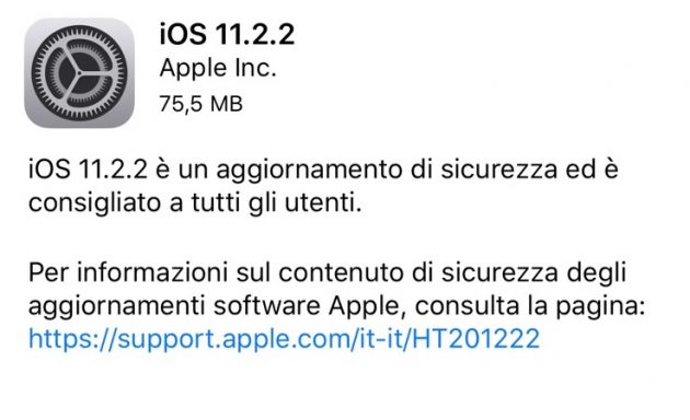 iOS 11.2.2: disponibile al download l’update che mitiga Spectre