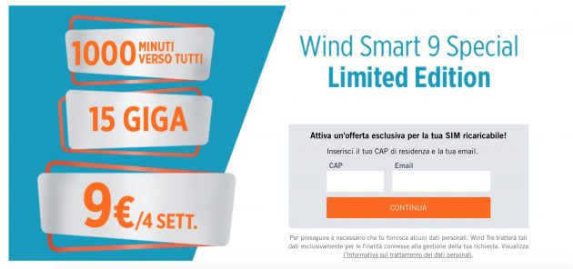Wind Smart 9 Special: 1.000 minuti e 15 GB di traffico dati a 9€ ogni 4 settimane
