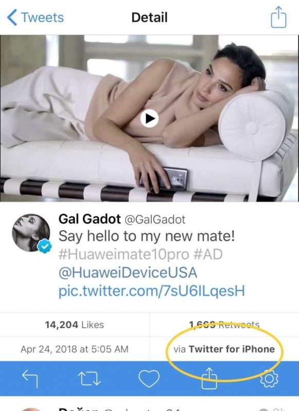Anche Wonder Woman sbaglia: sponsorizza Huawei twittando da iPhone