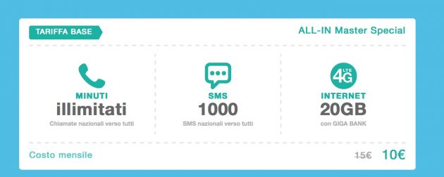 ALL-IN Master Special di 3: 10€ al mese (per 6 mesi) con minuti illimitati, 20 GIGA e 1000 SMS