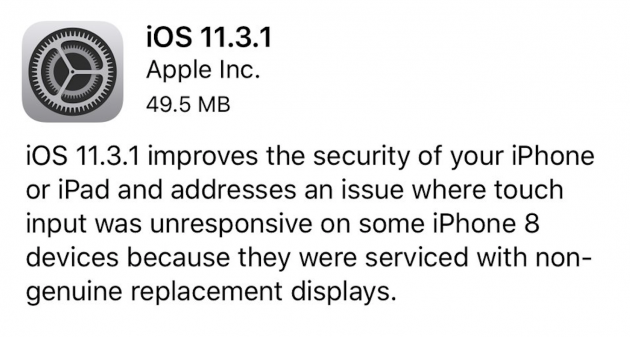 Apple rilascia iOS 11.3.1: risolto il problema degli schermi di terze parti