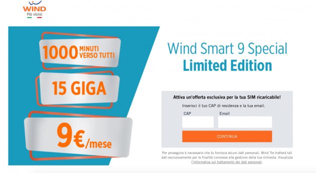 Wind Smart 9 Special LE: 1000 minuti e 15 Giga a 9€ al mese
