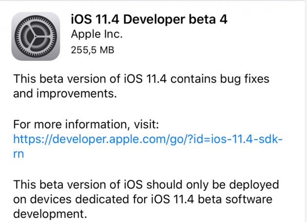 Apple rilascia la beta 4 di iOS 11.4, tvOS 11.4 e watchOS 4.3.1