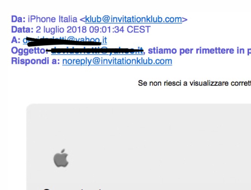 Nuova mail di phishing con falso mittente “iPhone Italia”
