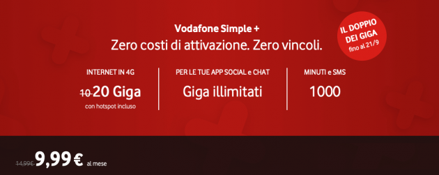 Vodafone Simple +: 1000 minuti e 20GB a 9,99€ senza vincoli! [PER POCHE ORE]