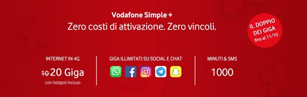 Vodafone Simple+: solo online 1.000 minuti, 1.000 SMS e 20GB a 9,99€