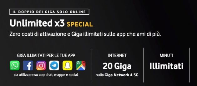 Ecco Vodafone Unlimited x3 Special: minuti illimitati e 20 GB + Giga illimitati sui social