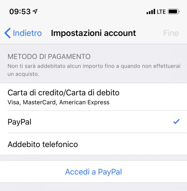 Utilizzare Paypal account Apple