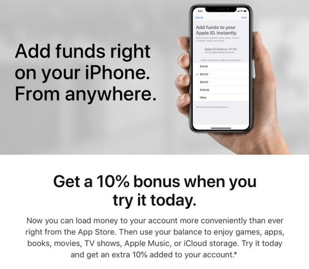 Apple offre un bonus del 10% per chi aggiunge fondi su App Store in alcuni paesi