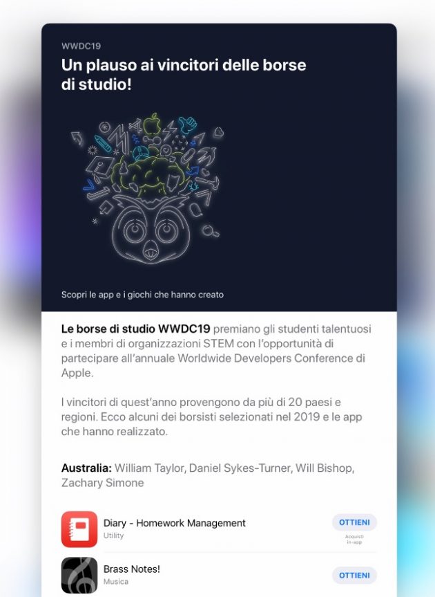 WWDC 2019, Apple mette in evidenza le app vincitrici delle borse di studio