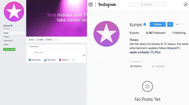Apple rimuove i contenuti dalle pagine di iTunes su Facebook e Instagram