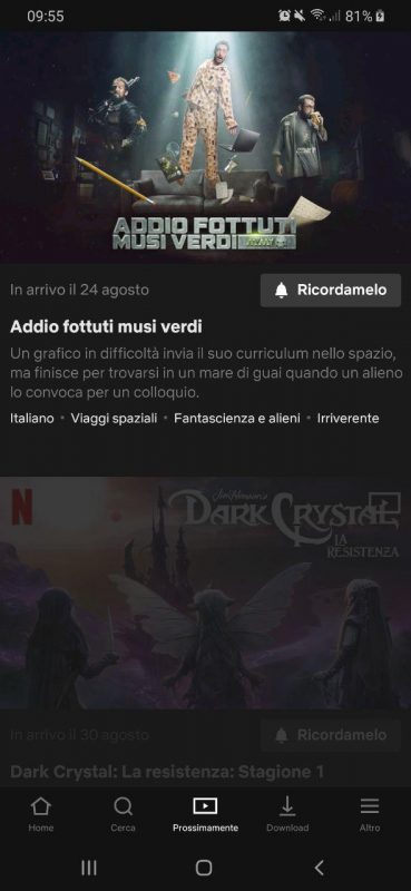 sezione "Prossimamente"