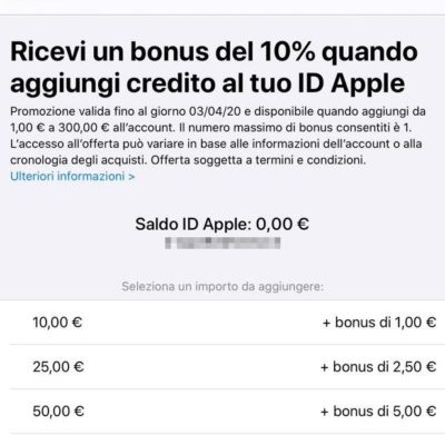 Apple offre un bonus del 10% quando si aggiunge credito all’ID Apple in Italia