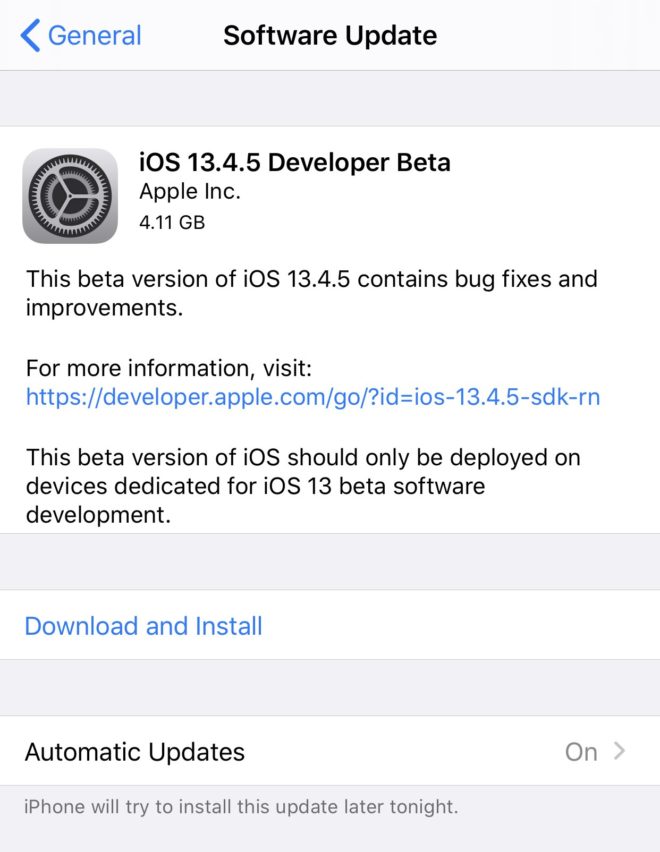 Apple rilascia iOS 13.4.5 beta per gli sviluppatori