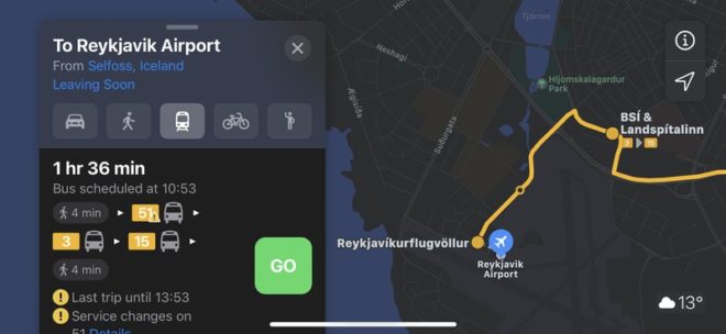 Apple Maps aggiunge le informazioni sui trasporti pubblici in Islanda