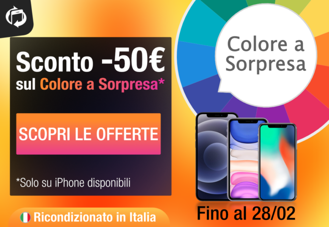 iPhone scontati di 50€ con il Colore a Sorpresa. Su TrenDevice il Ricondizionato è ancora più conveniente!