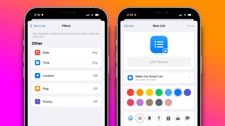 iOS 15 promemoria liste intelligenti