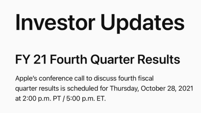 Apple annuncia la conferenza finanziaria Q4 2021