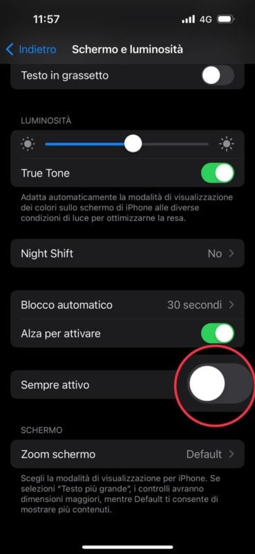 disattivare schermo sempre attivo
