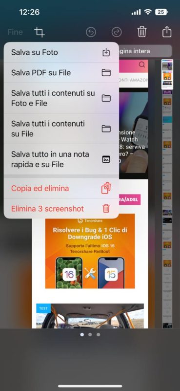 screenshot scorrimento iOS 16