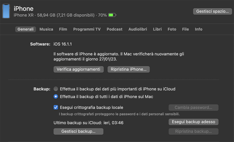 fare backup iphone da mac