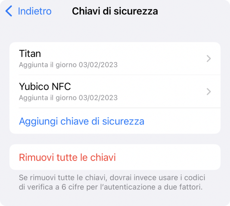 chiavi di sicurezza iOS proteggere apple id