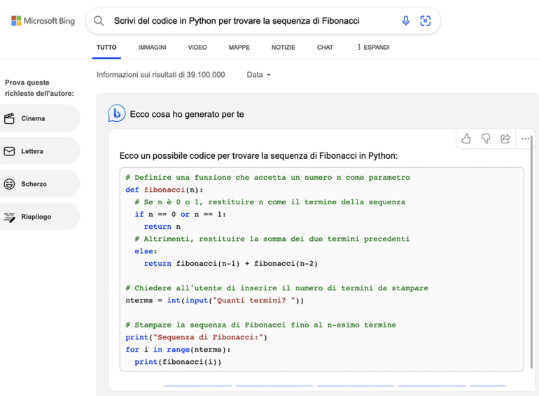 microsoft bing ai codice