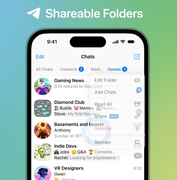 Photo of Telegram updates with shareable chat folders