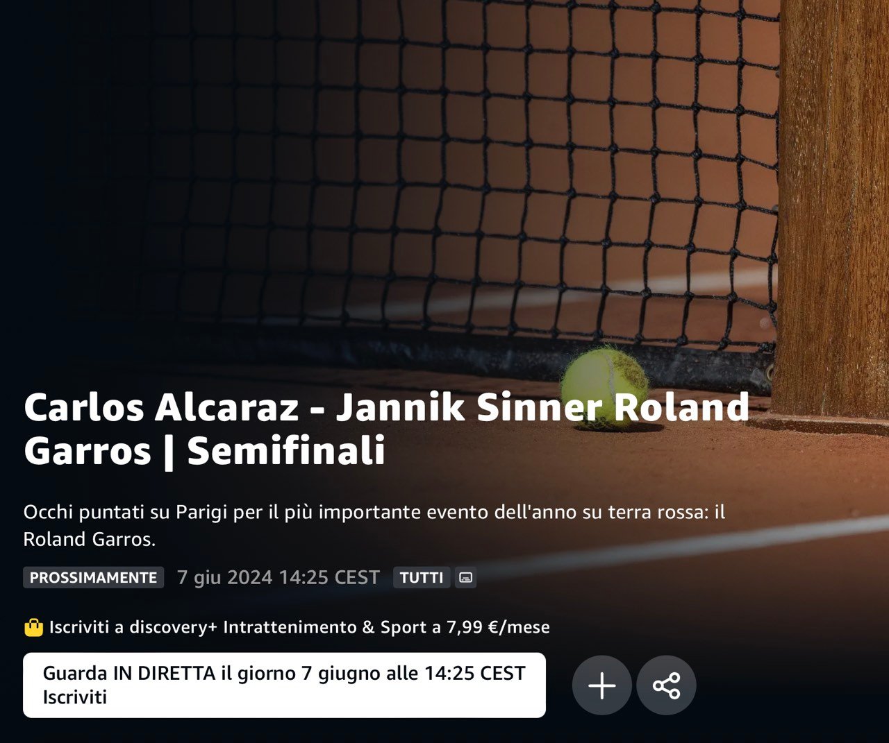 Sinner Alcaraz Roland Garros Discovery Amazon Prime Video