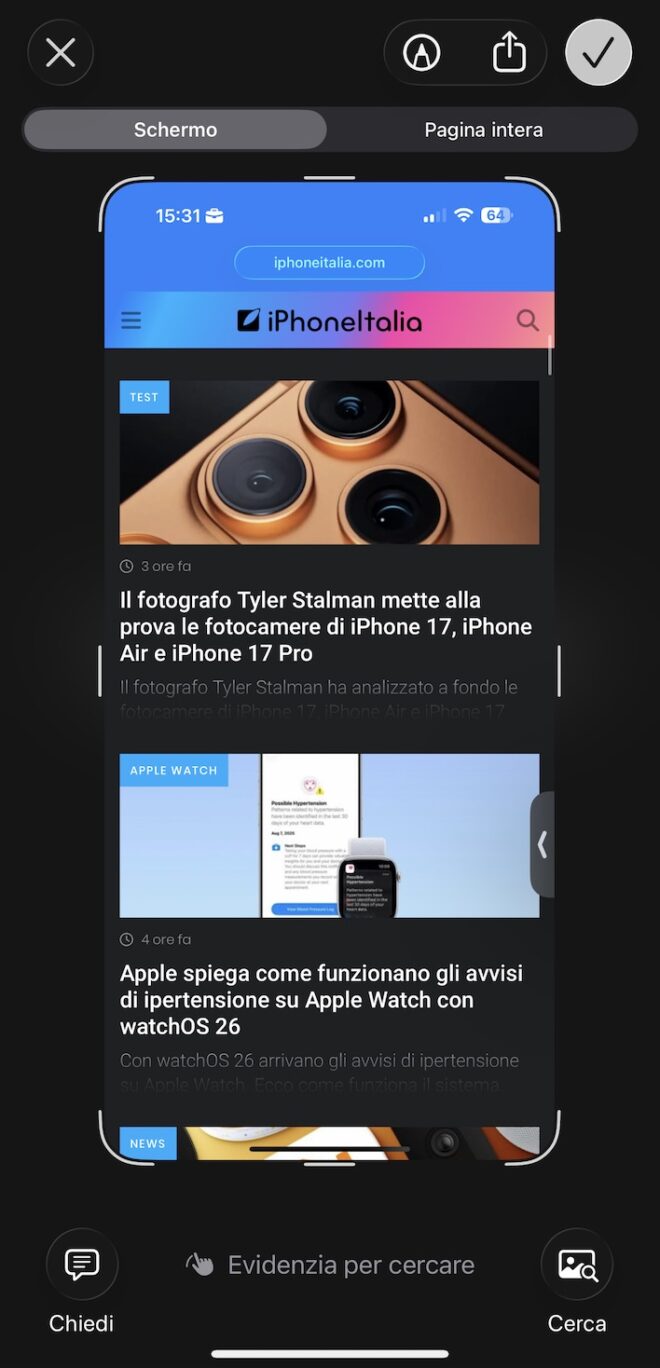 iOS 26 cambia gli screenshot con l’anteprima a tutto schermo, ma puoi tornare alla miniatura classica